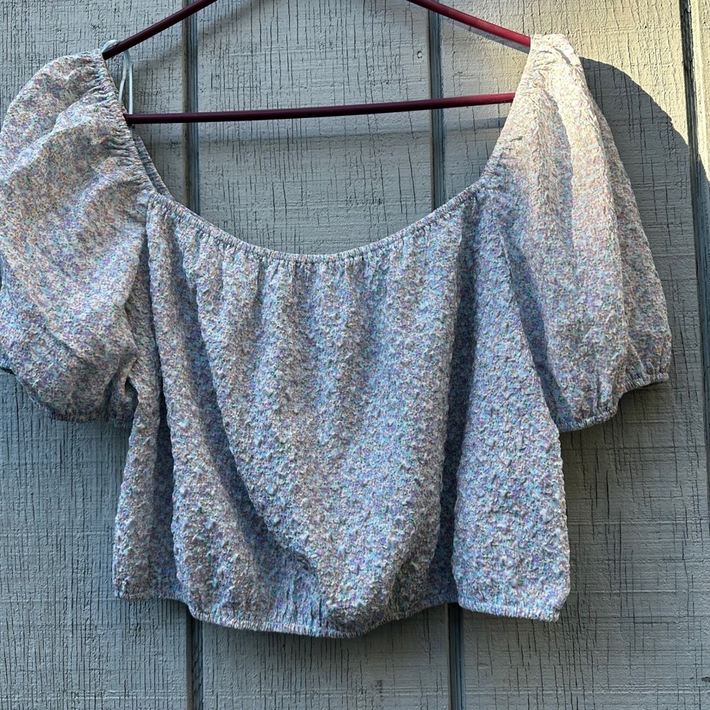 NWT SOPHIE RUE Ditsy Floral Puff Sleeve Square Neck Cropped Top Women L Smocked